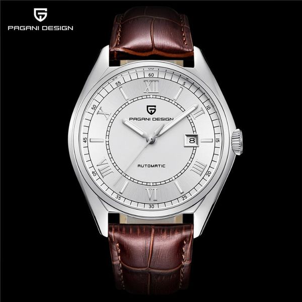 

pagani design automatic men watches genuine leather quartz business man self-winding mechanical timepiece luxury clock gift, Slivery;brown