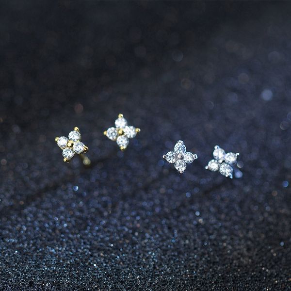 

925 sterling silver cz stone paved tiny flower girl stud earring for silver gold mini stud earring wedding gift, Golden;silver