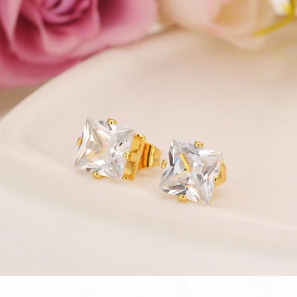 

Romantic Luxury Fashion Design 24k Solid Fine Yellow Gold Filled Cubic Zirconia Square Wedding Stud Earring for Women and girl