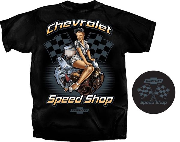 

2018 summer cool tee shirt chevrolet speed shop pin-up girl t-shirt~black~race flags small block engine funny t-shirt