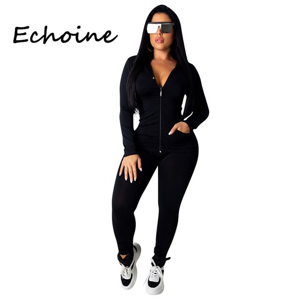 Moda com capuz dois pedaço conjunto jogging femme zipper top + calças terno sportwear tracksuit mulheres outfits sólido 7 cor plus size y0506