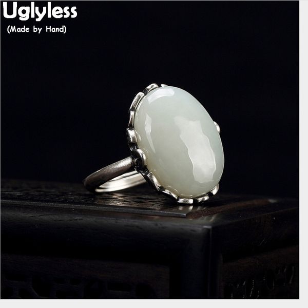 

uglyless real solid 925 sterling silver ethnic bats open rings for women vintage thai silver fine jewelry oval natural jade ring, Golden;silver