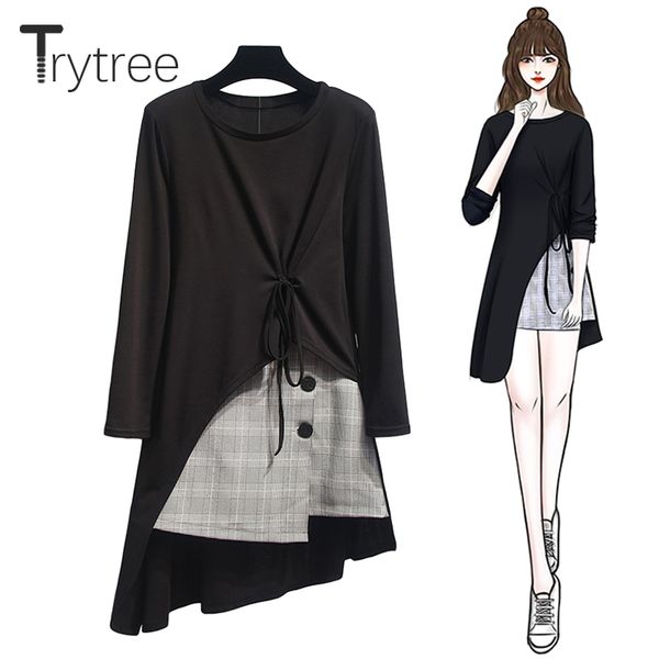 

trytree autumn women two piece set casual o-neck black split hem long + skirt plaid button mini office lady suit 2 piece set, Gray