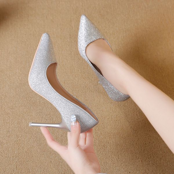 

silver color wedding shoes womens crystal wedding high heels womens spring all-match thin heeled bridal shoes, Black