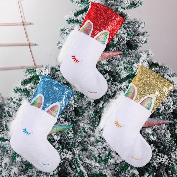 

unicorn christmas stocking christmas hanging party decoration xmas candy holder large sequined unicorn socks kids party favor gift ffa4333