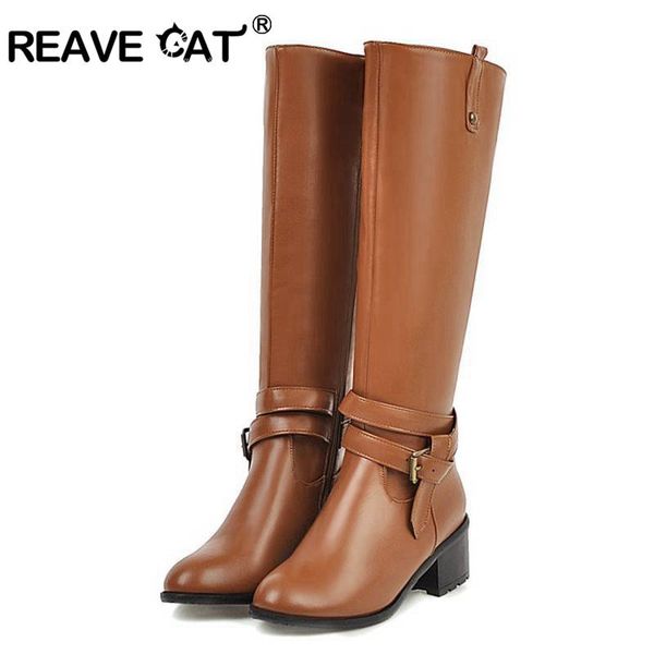 

revae cat women rivets knee boots round toe square thick heel zipper bukle faux leather solid big size 34-43 causal autumn a2651, Black