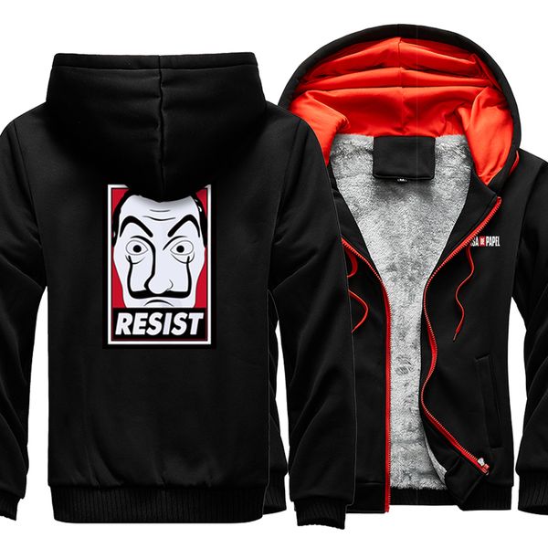 

la casa de papel funny hoodies men warm casual zipper jackets 2020 winter loose jacket thick coat harajuku male hooded, Black