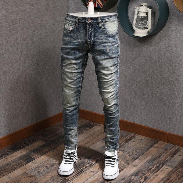 

newly fashion streetwear men jeans retro washed slim fit ripped hip hop pants elastic vintage designer homme, Blue