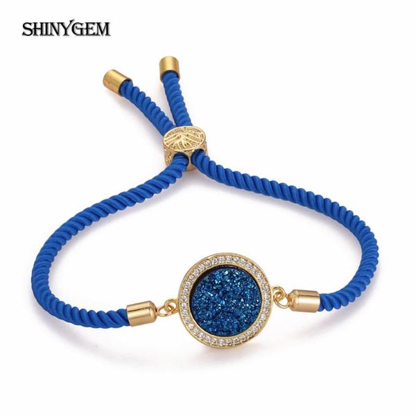 

shinygem fashion crystal charm bracelet gold plating big round natural druzy stone bracelet pu leather braid bracelets for women, Golden;silver