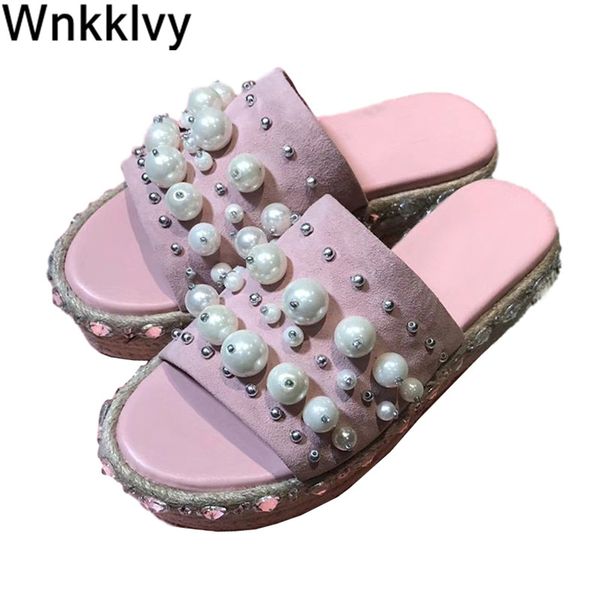 

summer rope slippers women flipflops crystal pearled string bead rivet decor lazy mullers platform wedge high heel sandals, Black