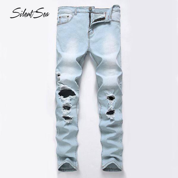 

silentsea men fashion brand designer ripped biker jeans distressed hole brand denim joggers destroyed knee jeans, Blue