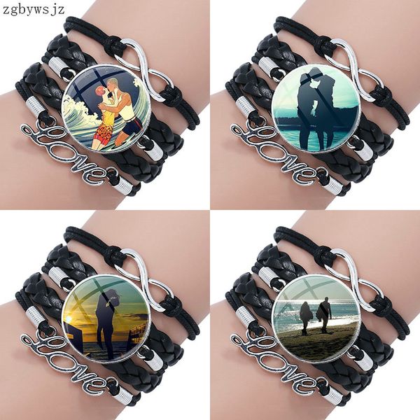 

charm bracelets romantic kiss ocean waves beach for child statement multilayer black leather bracelet bangle handmade, Golden;silver