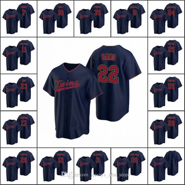 

minnesota twins #22 miguel sano 7 joe mauer 3 harmon killebrew men women youth custom navy 2020 replica alternate jersey, Blue;black