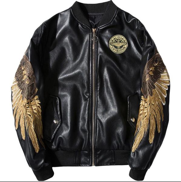 

Mens leather jackets 2019 Bomber faux Leather Jackets Red Black PU Outwear Gold Wings Embroidery Punk motorcycle Slim Coat w91