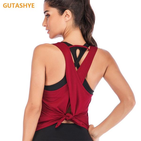 

yoga outfits mesh shirts vest sport tank women sleeveless backless cross gym athletic fitness t-shirt workout shirt, White;red