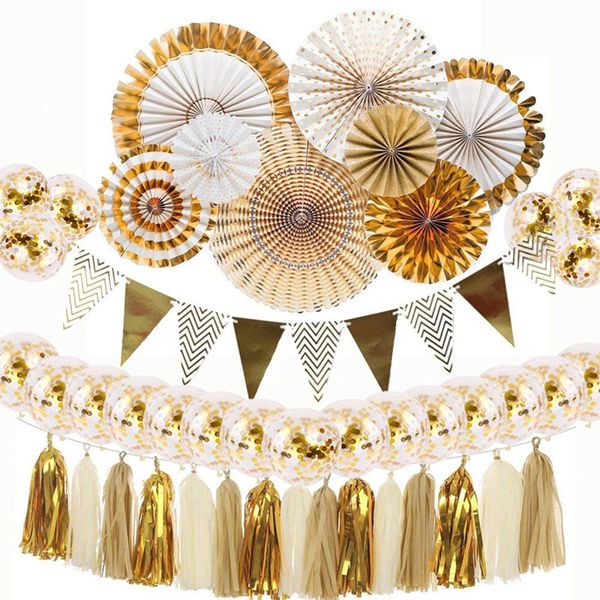 

golden silver paper fan set wedding festival party decoration gold silver rose gold tassel birthday party background supplies