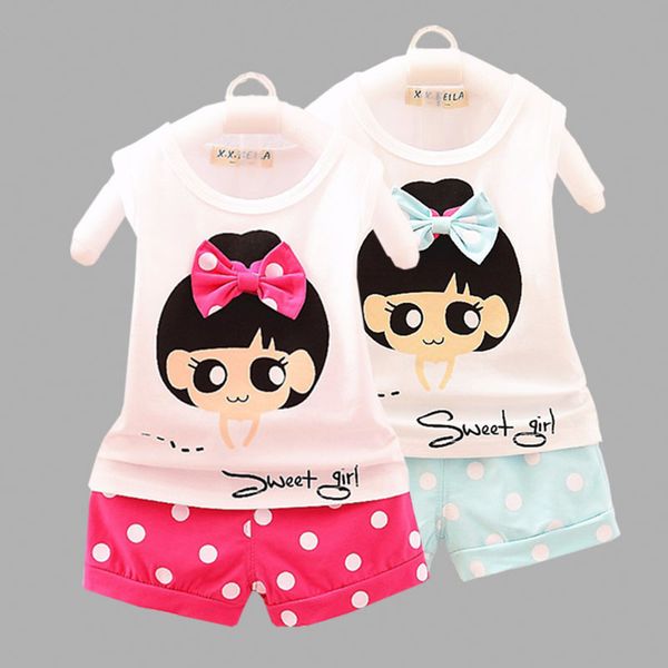

summer girl clothes cartoon print vest shorts two-piece bow decoration children's wear cotton 1-3 y child quality clothing 2020, White