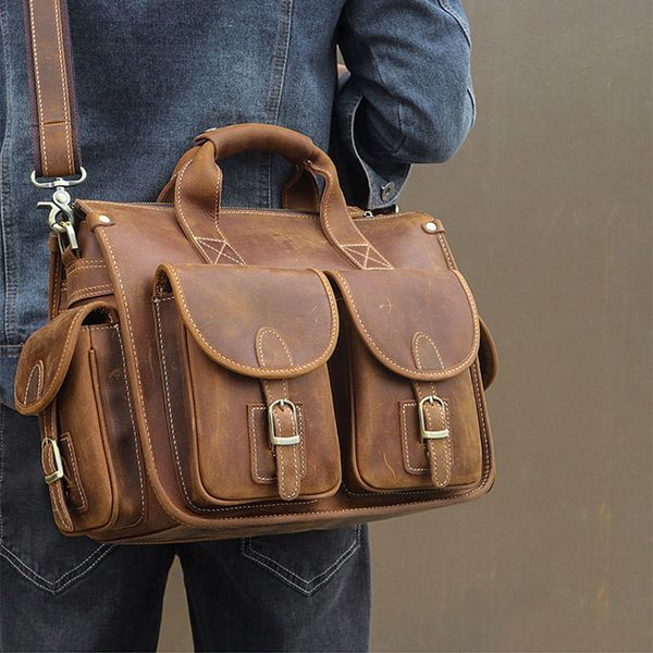 

vintage crazy horse genuine leather men briefcase 15" lapbusiness tote cow shoulder messenger bag office handbag portfolio