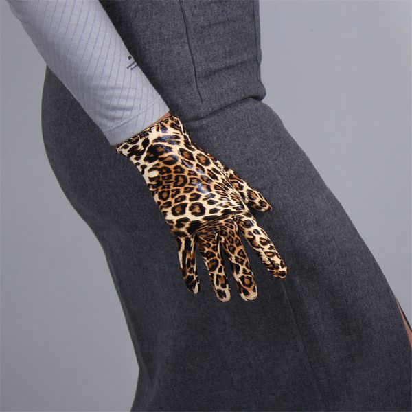 

five fingers gloves women leopard leather 21cm patent short simulation pu bright golden brown animal pattern tbbw03, Blue;gray