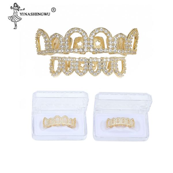

чистого цвет золото гальванического hip hop micro pave cz fang hollow top bottom зубы grillz вампир грили ювелирных изделий для мужчин новог, Slivery;golden