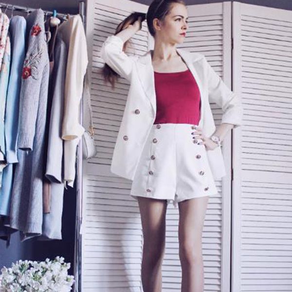 

2020 new women korean casual shorts pant high waistline double breast golden button female office lady suits female, White