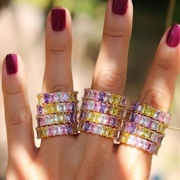

pinky pastel rainbow baguette cz colorful engagement eternity band rings for women usa selling drop shipping female jewelry, Golden;silver