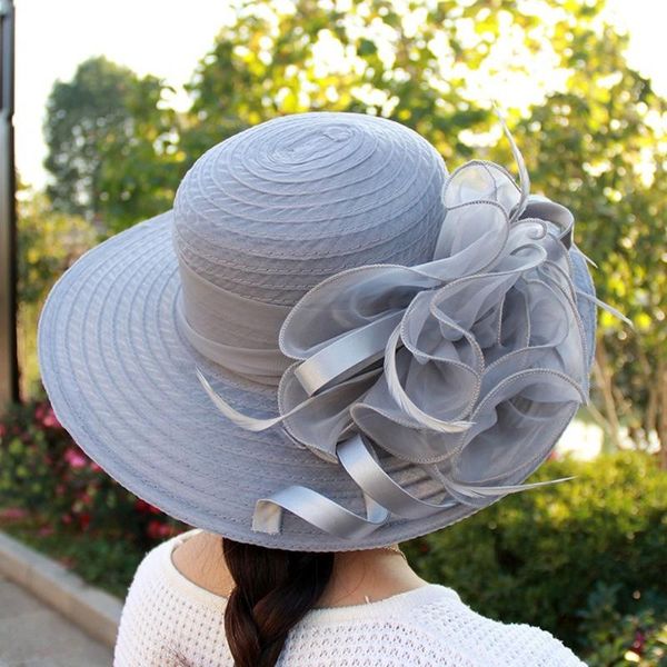 

spring and summer gauze visor flower temperament wedding hat sunscreen dome large brim hat fashion woman, Blue;gray