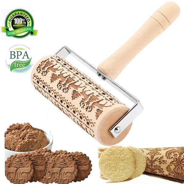 

christmas embossed rolling pin christmas tree wooden baking cookies biscuit fondant cake dough engraved roller reindeer snowflake