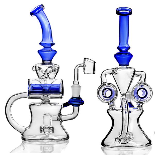 Blaue Becherglas-Wasserbongs Shisha Bubbler Dab Rigs Percolater Oil Rig Smoking Bong Zwei Trommeln Wasserpfeifen-Recycler 14-mm-Verbindung