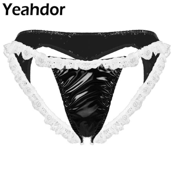 

womens panties wet look patent leather lingerie female heart shaped open bulace trim low rise g-string briefs underwear, Black;pink