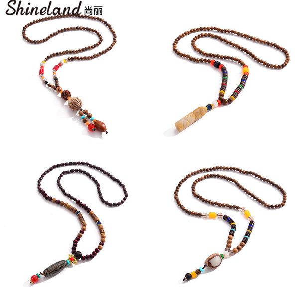 

shineland mulit-color wood beads necklace pendant vintage ethnic style lotus geometric long statement women jewelry gift 2020, Silver