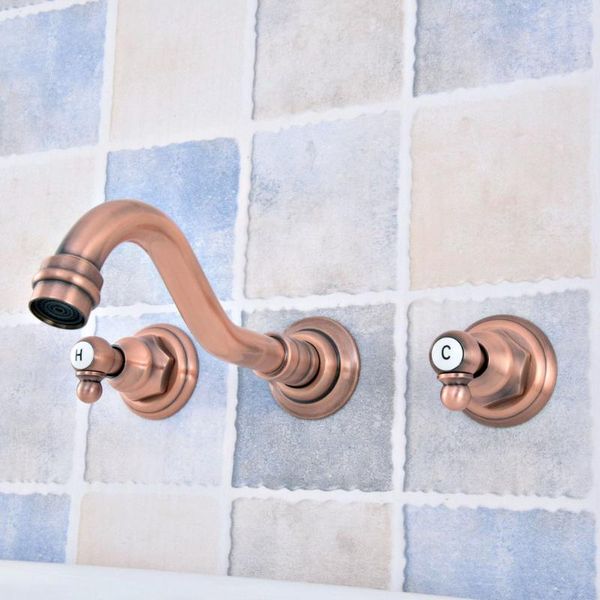 

wall mount 3-hole bathroom faucet antique red copper basin sink mixer tap widespread dual handles tub sink faucet wsf522