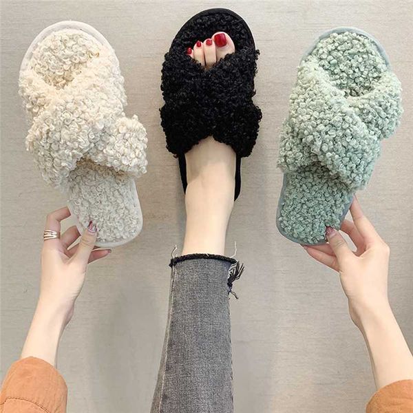 

new style home slippers female autumn cross plush fashion casual pure color lamb wool flat slippers, Black