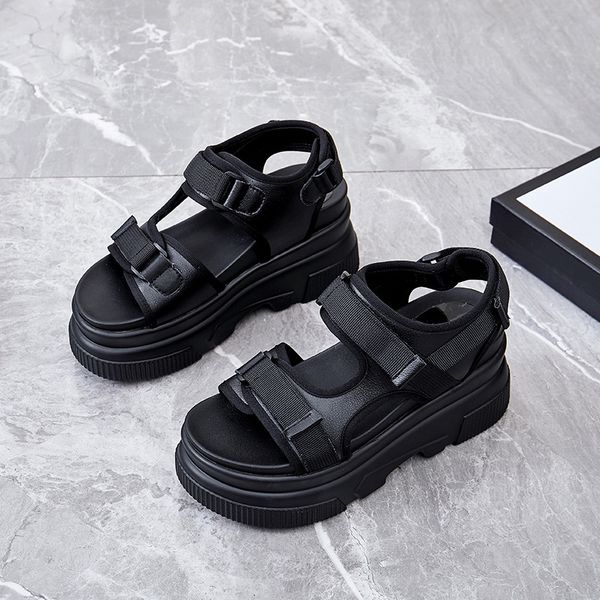 

womne's platform wedges sandals women genuine leather summer hollow out shoes woman solid heighten slides female casual footwear, Black