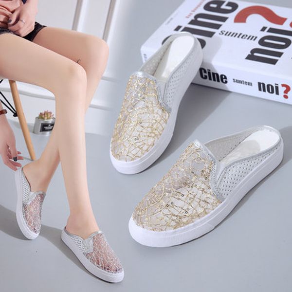 

2020 new baotou half slippers fashion hole shoes lace mesh outer wear no heel lazy slippers, Black