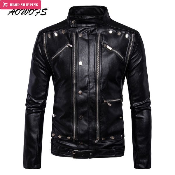

aowofs luxury leather jackets men multi zippers rivets punk leather motorcycle jackets mandarin collar 2020 fashion clothing 5xl, Black