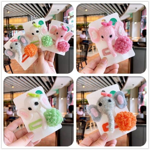

boutique 12sets fashion cute felt elephant hairpins solid pom pom animal snap clips princess headwear girls hair accessories, Slivery;white