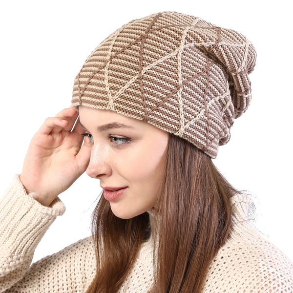 

women colour mixture plaid diamond plus fleece knitted wool hat new, Blue;gray