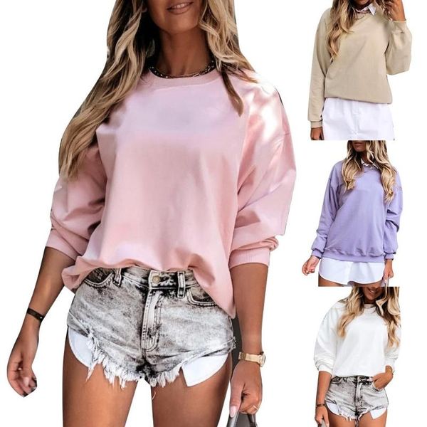

women autumn solid color o neck long sleeve loose pullover sweatshirt blouse, Black