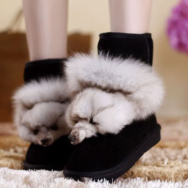 

boots 2021winter warm thick bottom snow women genuine leather real fur black round toe casual shoes female ankle