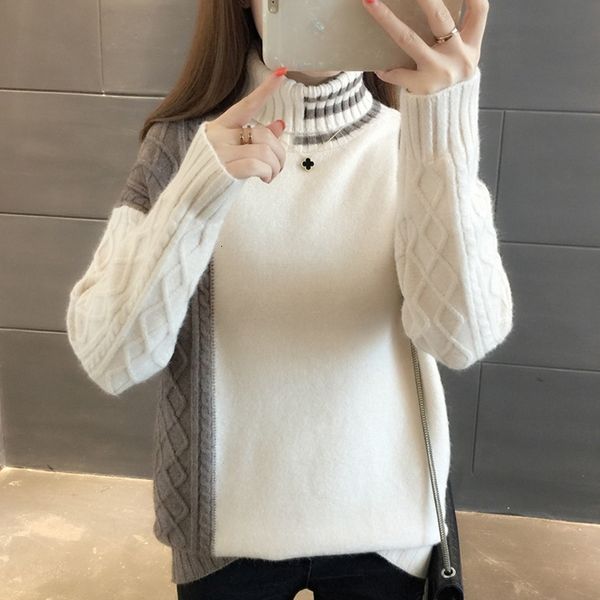 

new stand neck women's long sleeve clothes loose pullover knitted bottoming shirts color matching knitted sweaters 603j60, White;black
