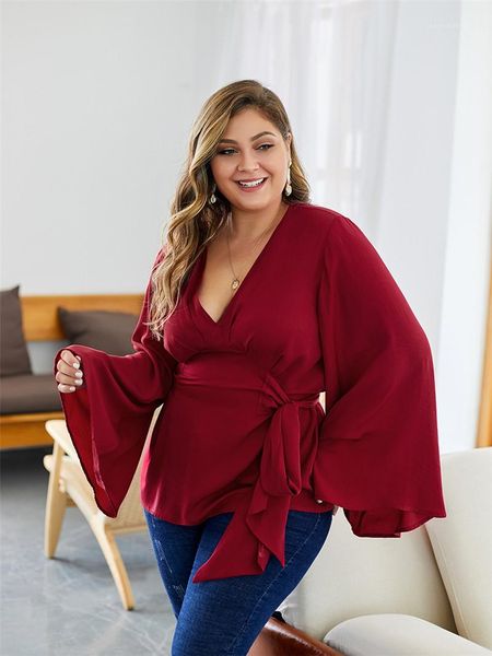 

designer bell sleeve casual waist lace-up summer loose solid color tshirt women clothing women plus size, White