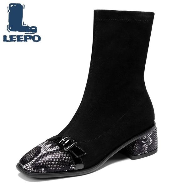 

средние теленок сапоги для женщин овчины snake pattern stretch fabric mid heels женщина люкс обувь высокого качества толстых сапог для женщи, Black