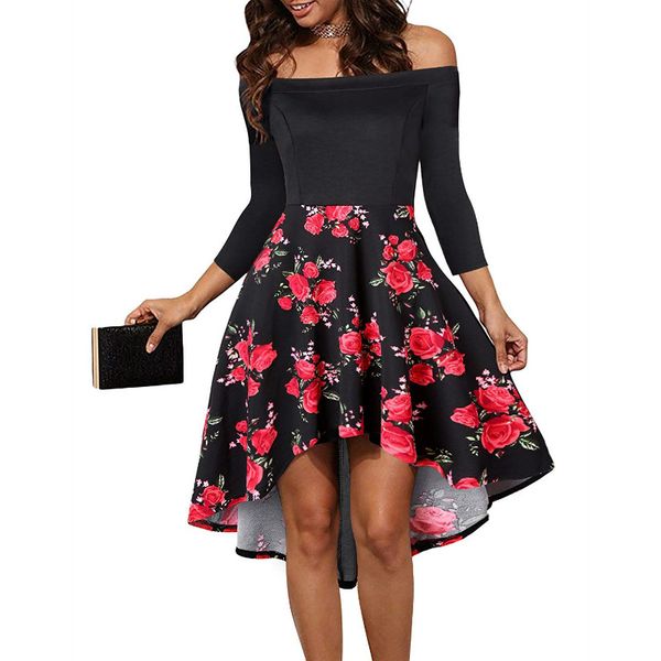 

casual dresses women vintage flower print off shoulder dress fashion summer autumn elegant fit and flare midi, Black;gray