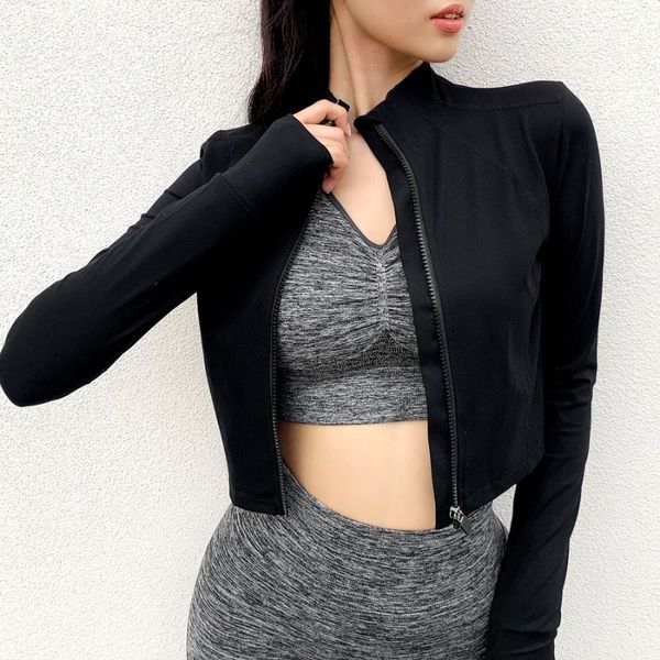 

binand stand collar sports jacket thumb hole yoga women zipper gym shirt fitness long sleeve sport crop running jacket, Black;red