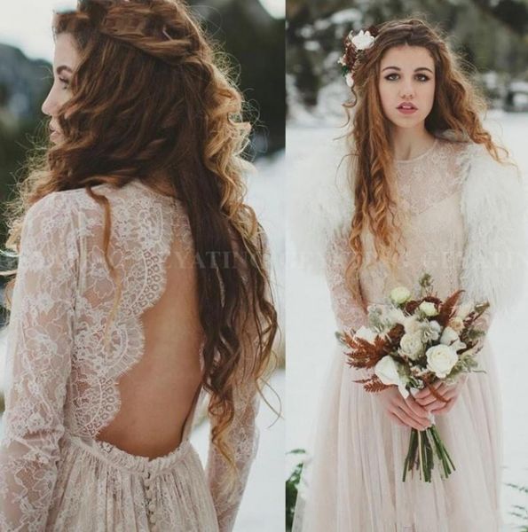 

2020 vintage bobemian lace long sleeves wedding dresses open back boho beach vestido de noiva gypsy hippie brides gowns, White