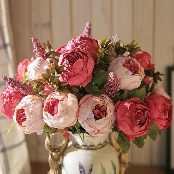 

13 branch/bouquet artificial peony flowers vivid artificiales fake silk rose bridal wedding flower decor wreath gland home