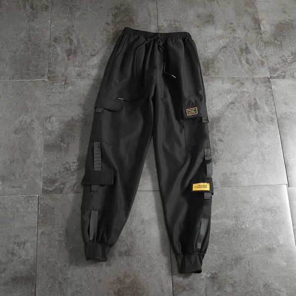 

men's side pockets cargo harem pants 2020 ribbons black hip hop casual male joggers trousers fashion casual streetwear pants 6502