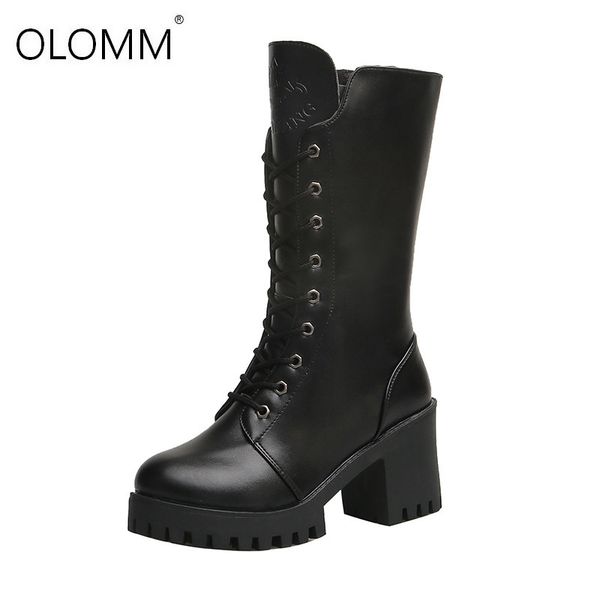

boots spring autumn mid-calf high women fashion white square heel woman leather shoes winter pu large size 35-41, Black