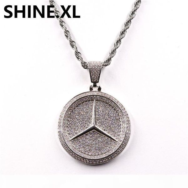 

hip hop white gold plated iced out full diamond ben car key pendant micro paved zircon round shape pendant necklace, Silver